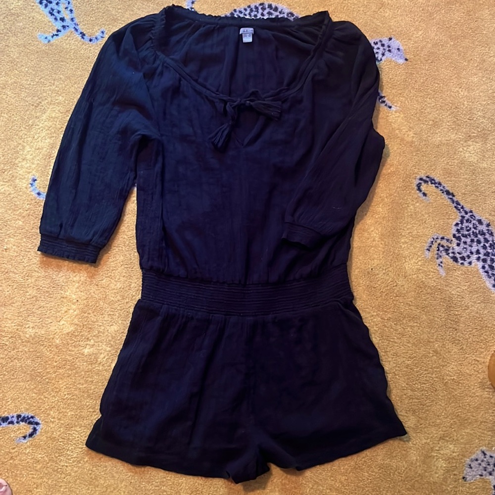 Aerie Romper Cotton Gauze Black 3/4 Sleeve Elastic Waist